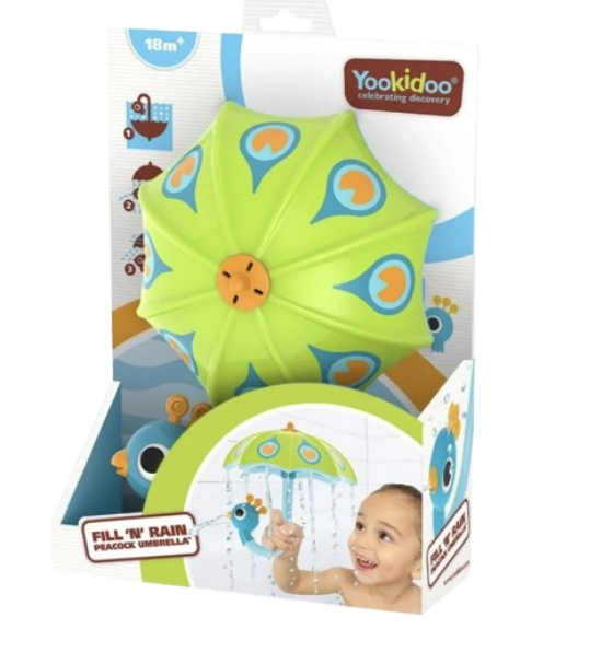 יוקידו – מטריית טווס ממטירה ירוקה לאמבטיה Fill ‘N’ Rain Peacock Umbrella מגיל 18 חודשים