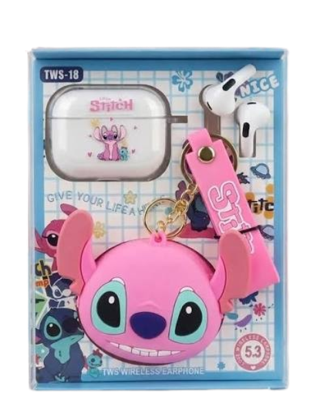 Disney Stitch & Angel – מארז אוזניות TWS אלחוטיות Bluetooth 5.3 עם נרתיק טעינה וארנק סיליקון סטיץ’